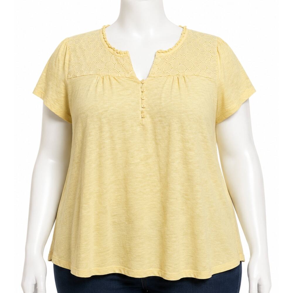 Carolyn Taylor Blouse Plus 20W Yellow Short Sleeve Casual Cottage 100% Cotton